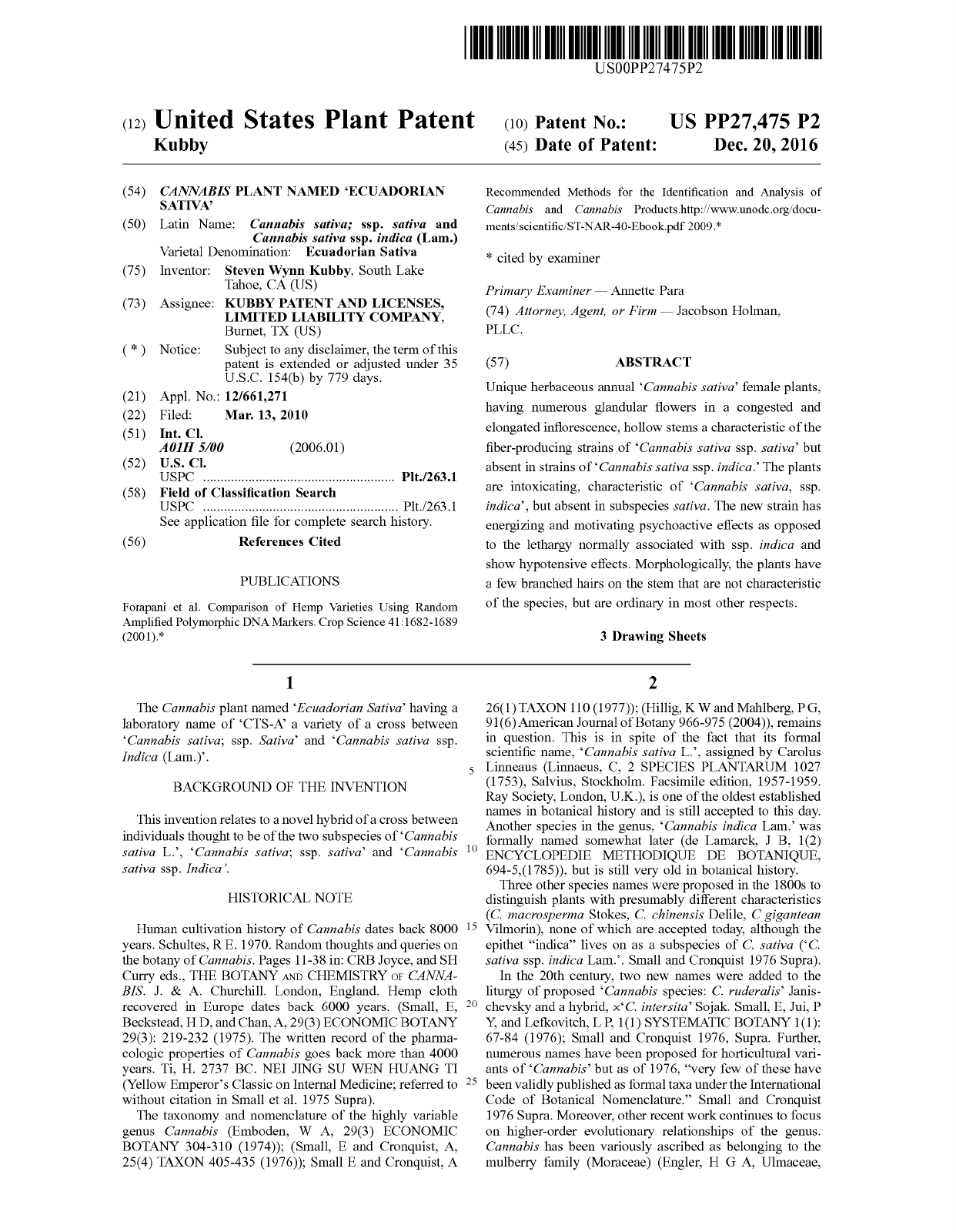 Title page of U.S. Plant Patent PP27,475 for Ecuadorian Sativa