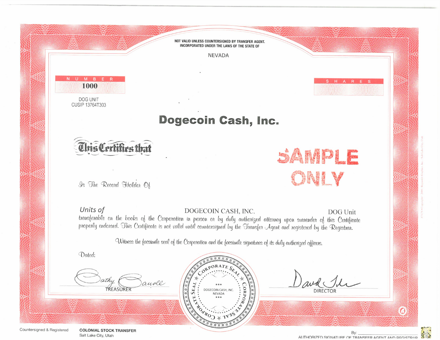 Dogecoin Cash, Inc. DOG Unit certificate marked Sample Only